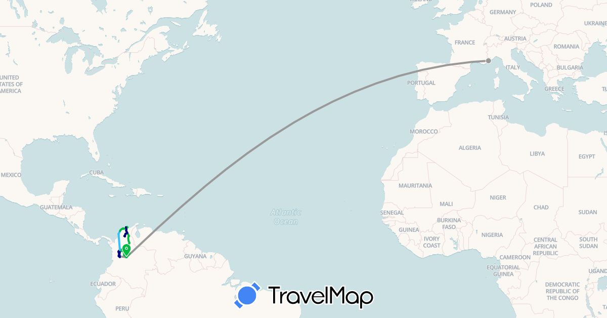 TravelMap itinerary: driving, bus, plane, boat in Colombia, France (Europe, South America)